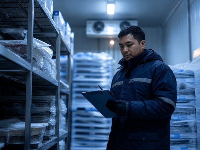 A worker checking stock in a commercial cold room
