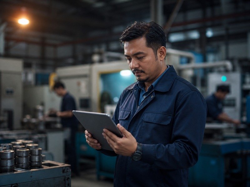 A supervisor checking output on a factory floor