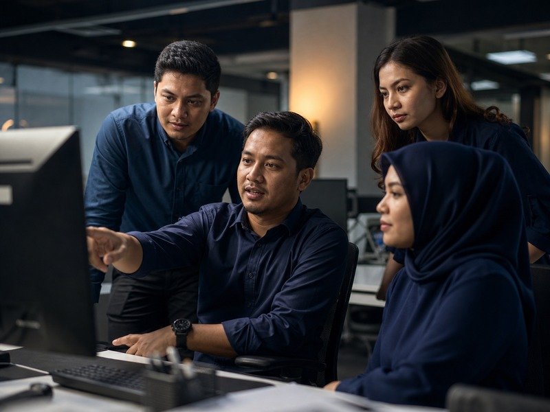 A Malaysian sales team reviewing figures together