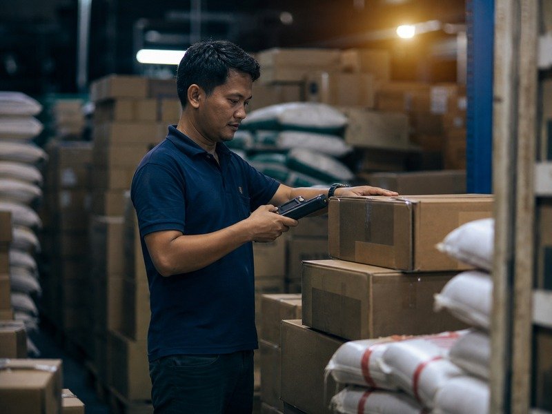 A worker scanning cartons in a wholesale warehouse