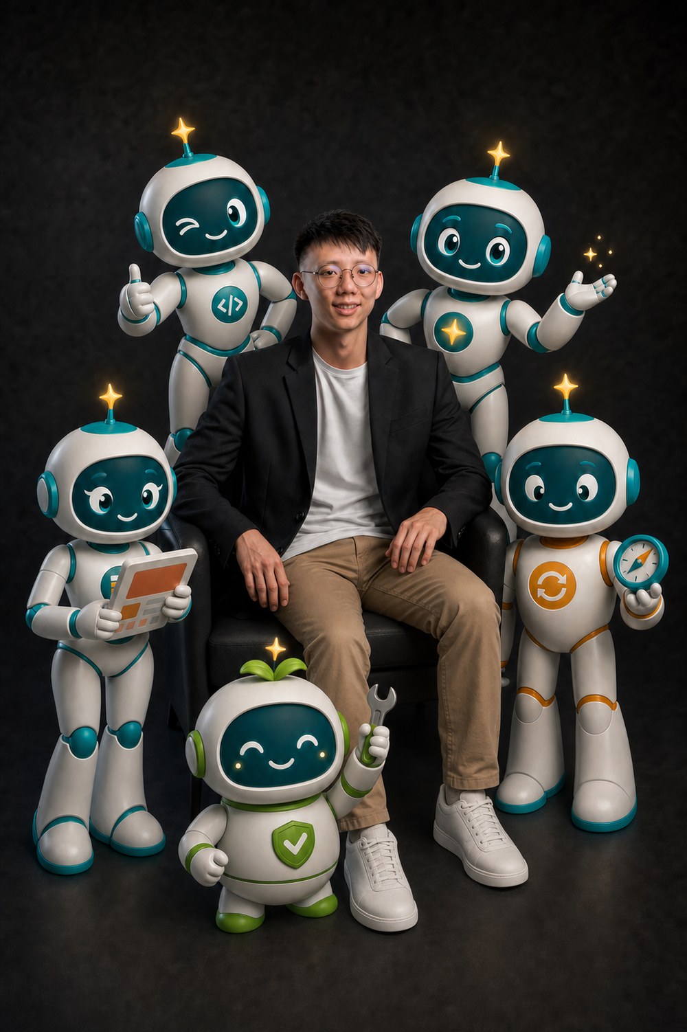 Jin Sheng, founder of Moon AI ERP, seated with the Moon AI agent team